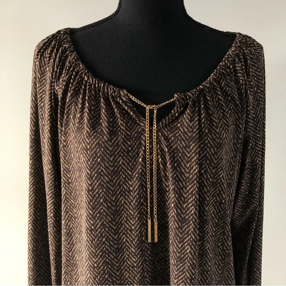 Women’s MICHAEL Michael Kors Brown Long sleeve Gold chain blouse size S - Picture 3 of 12